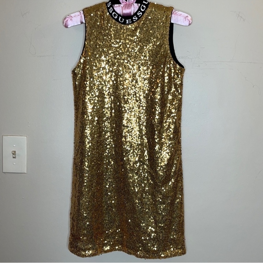 Guess Kids Gold Sequin Sleeveless Formal Shift Dress Size 12 Girls